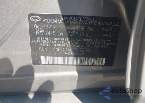 2013 Hyundai Sonata Se from USA, damaged, VIN 5NPEC4AC7DH627106